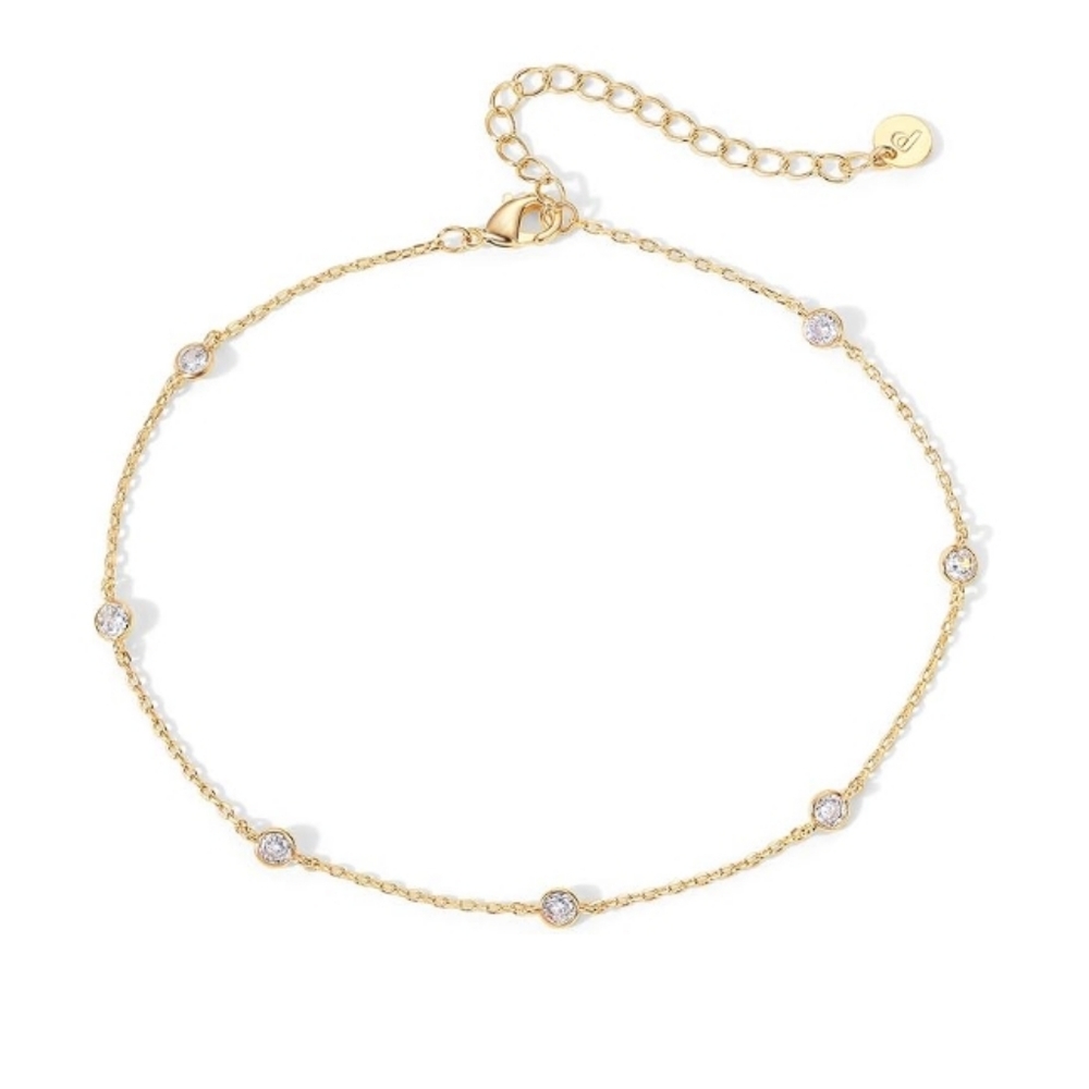 14K Gold Plated Charm Link Chain CZ Station Beaded Adjustable Gold Anklet